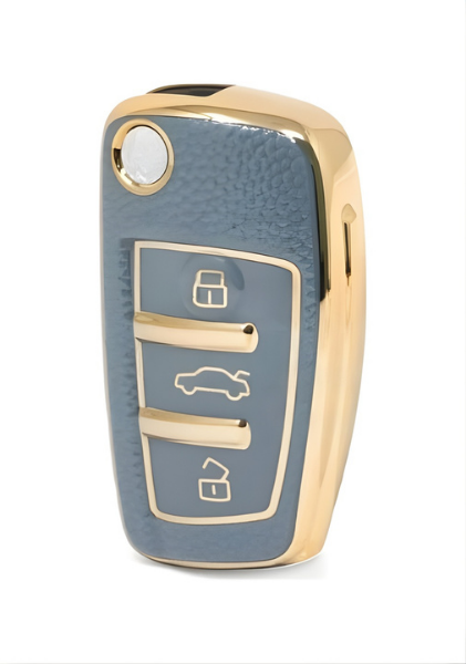 Audi Gray Gold Leather Pattern Key Cover For A1, A3, A4, A5, A6, A7, Q3, Q5, Q7 - 1