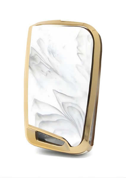Volkswagen Luxury Marble Pattern Key Cover, White-Gold Design, 3-Button Flip Key Protector, Compatible with Seat Leon Mk3, Volkswagen Golf 7, Golf 7.5, T-Roc - 3