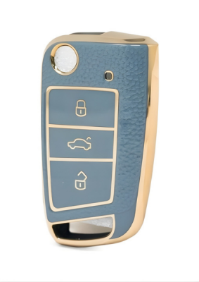 Volkswagen Luxury Nano Key Cover, Gray-Gold Design, 3-Button Flip Key Protector, Compatible with Volkswagen Golf 7 And 7.5, T-Roc, Seat Leon Mk3 - Volkswagen, Seat