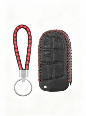 Fiat Black Red Braided Leather Key Cover For Egea Cross, 500X, 500L 3-Button - Fiat