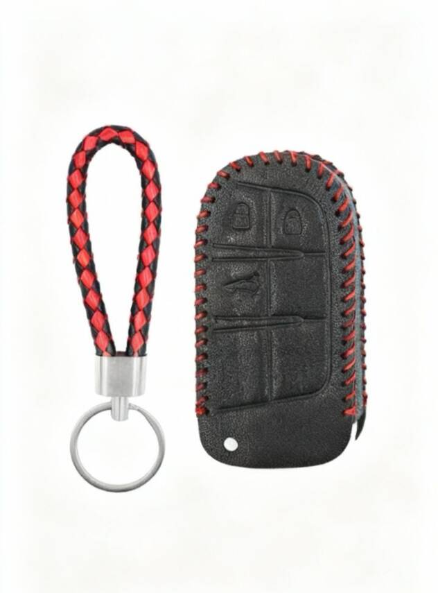 Fiat Black Red Braided Leather Key Cover For Egea Cross, 500X, 500L 3-Button - 1