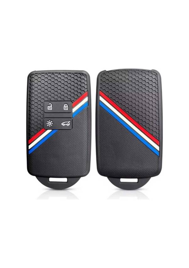 Ren Honeycomb Pattern Key Cover, Black with Red-Blue-White Stripe, Compatible with Austral, Megane 4, Talisman, Clio 5, Premium Silicone Protection - 1